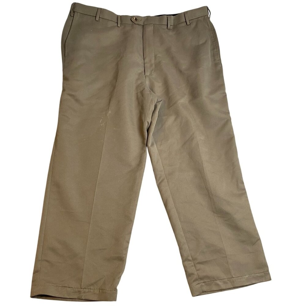 George Mens Pants 44x30 Dark Tan Polyester Chino Flat Front Classic Casual